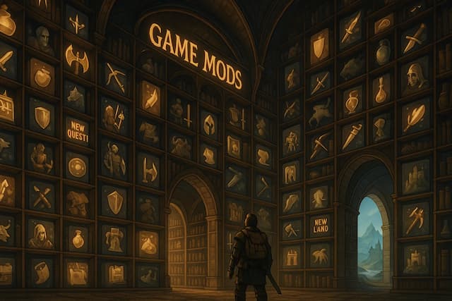 A player character standing in a vast, magical library where the shelves are filled with countless game mods, symbolizing endless content.