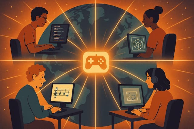 An illustration of a global network of modders collaborating online, contributing code, art, and content to a central classic video game icon.