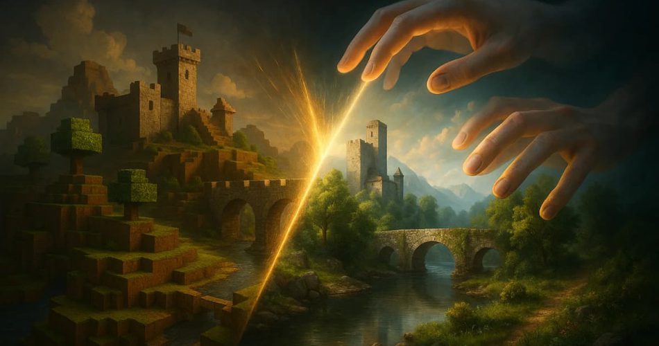 The hands of modders digitally restoring a classic, pixelated video game world into a modern, high-resolution landscape, symbolizing game preservation.